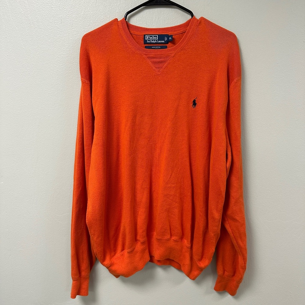 Polo Ralph Lauren Orange Cotton Crewneck Sweater Mens XL Navy Pony Logo